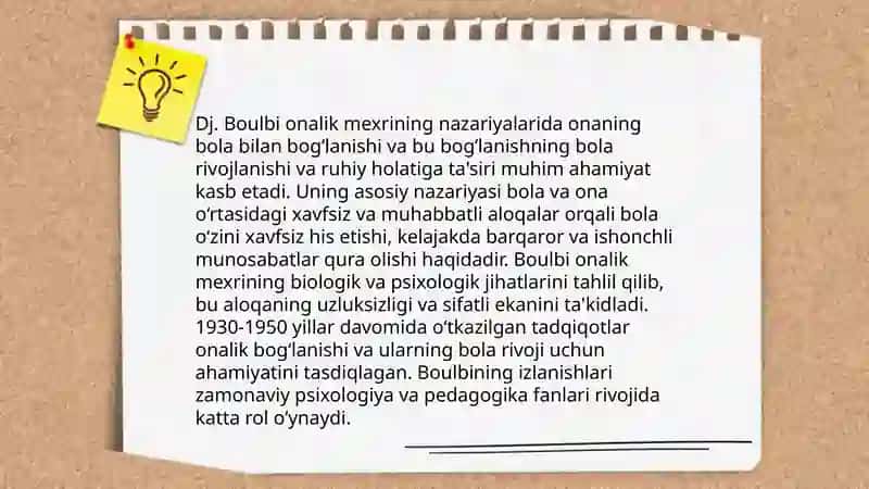Psixoanalitiklarning ishlarida mexr va ajralish muammolari. (DJ. Boulbi, M. Maler). Psixologik himoya mexanizmlari va ularni diagnostika metodlari. 4