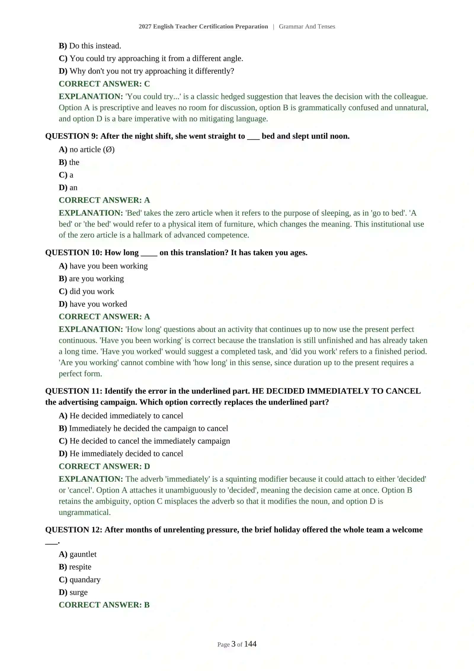 ENGLISH LANGUAGE TEACHER ASSESSMENT - GRAMMAR AND TENSES - 2027 CERTIFICATION PREPARATION 4