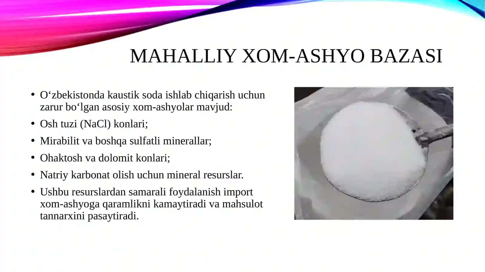 MAHALLIY XOM-ASHYOLARDAN FOYDALANIB KAUSTIK SODA ISHLAB CHIQARISH TEXNOLOGIYASINI TAKOMILLASHTIRISH. 4