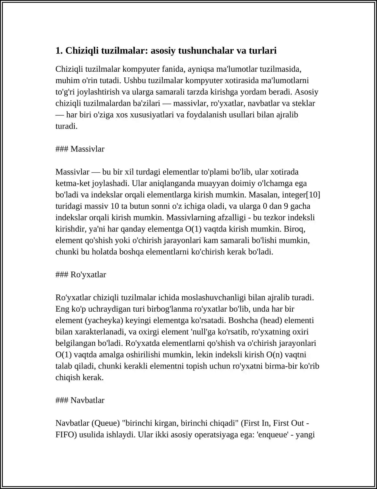 CHIZIQLI TUZILMANI ALGORITMLARNI TAVSIFLASH, C++ TILIDA DASTURLASHTIRISH VA KOMPYUTERDA HISOBLASHLAR OʻTKAZISH 4