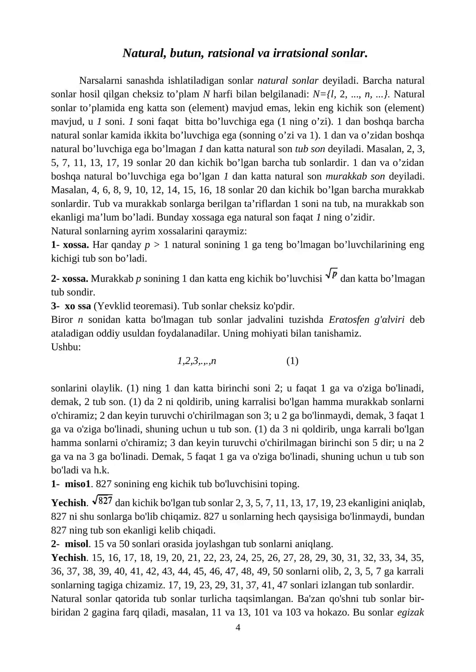 ELEMENTAR MATEMATIKANING ASOSIY TUSHUNCHALARI (1-kurs talabalari uchun uslubiy qoʻllanma) 4