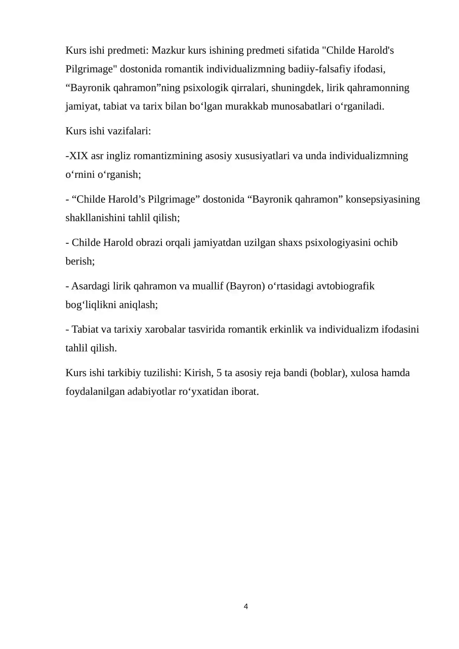 Lord Bayronning “Childe Harold’s Pilgrimage” asarida romantik individualizm ifodasi mavzusidagi KURS ISHI 4