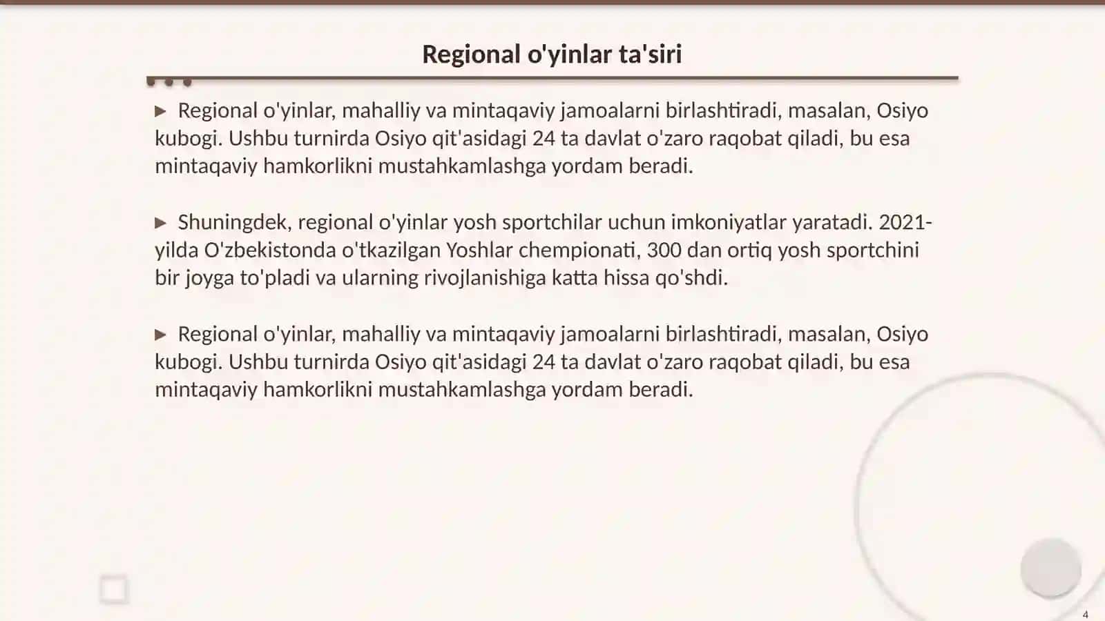 Kontinental va Regional oʼylar 4