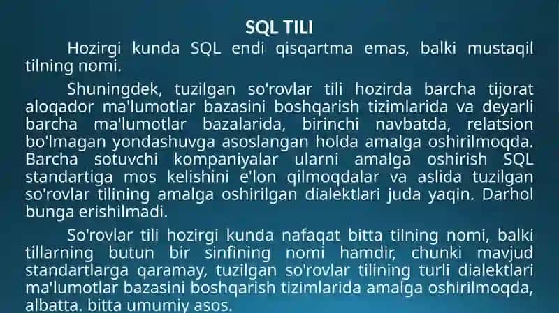 SQL TILI OPERATORLARI.MA’LUMOTLARNI MANIPULYATSIYA QILISH 4