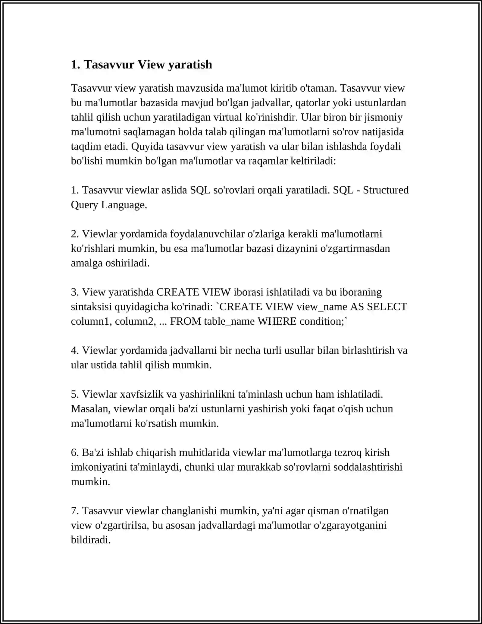 TASAVVUR VIEW YARATISH VA UNDAN FOYDALANISH SQL DA FUNKSIYALAR YARATISH SQLDA TRIGGERLARLAR YARATISH DASTURLASH TILLARI VA MA'LUMOTLAR BAZASI YORDAMIDA ODDIY INTERFEYS YARATISH 4