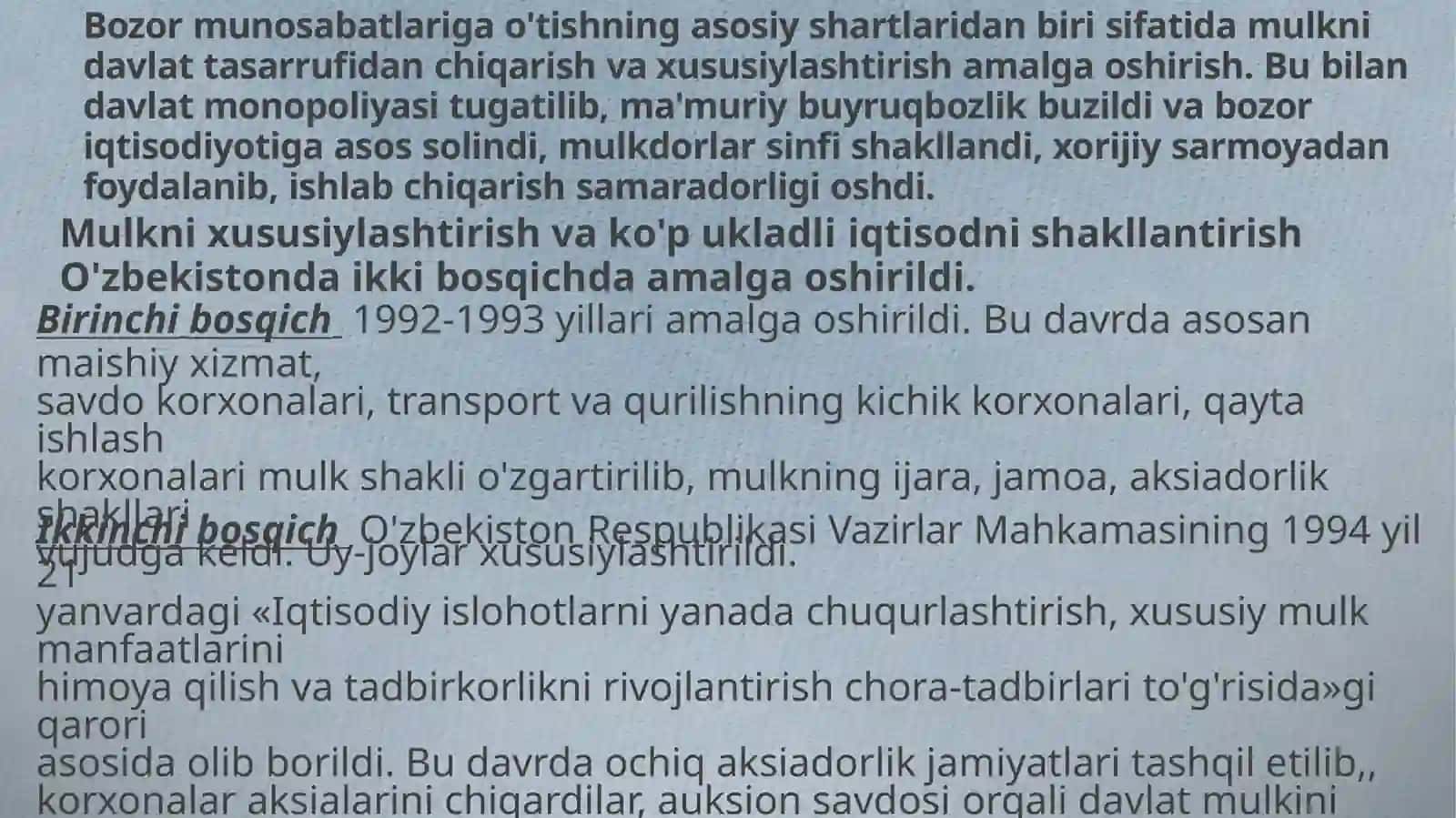 Iqtisodiy islohotlar, xususiy mulkchilikning shakllanishi. O‘zbekistonda bozor munosabatlarining rivojlanishi 4