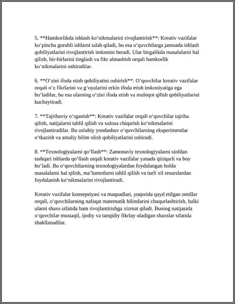 "Sinfdan tashqari ishlarda matematik tafakkurni rivojlantirishda kreativ vazifalarni qo‘llash metodikasi" 4