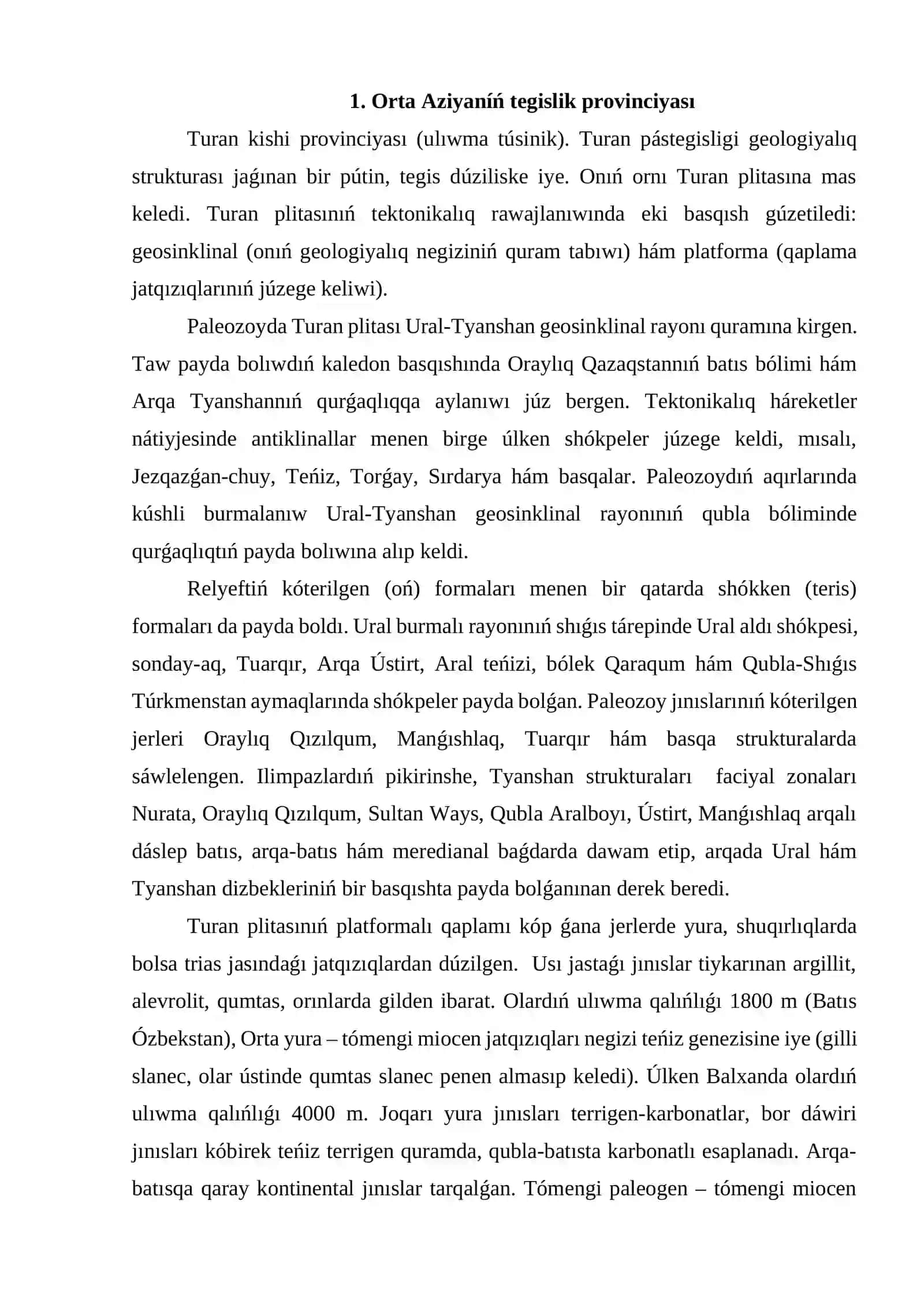 ORTA AZIYA JER BETINIŃ DÚZILISI: TAWLI HÁM TEGISLIK BÓLIMLERI 4