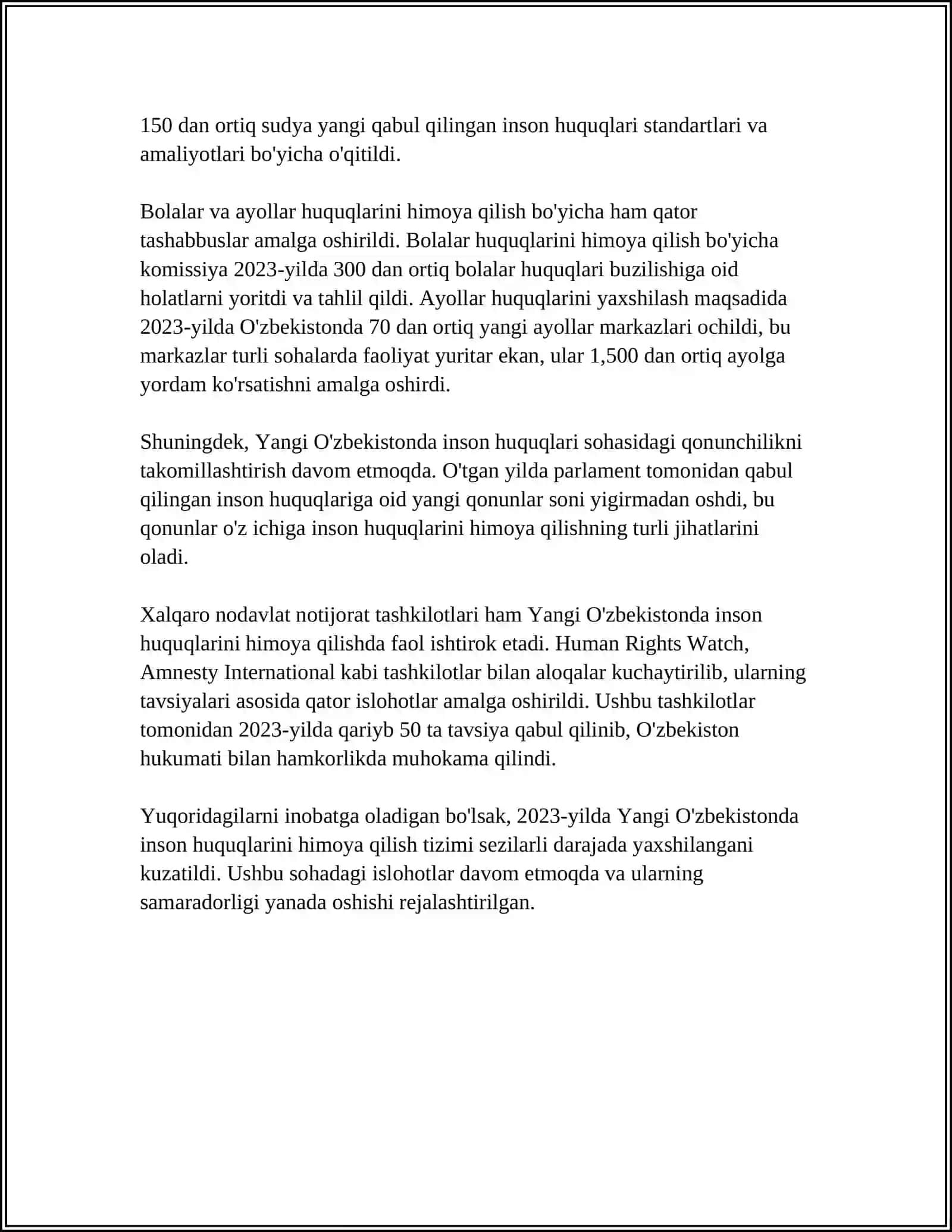 YANGI O'ZBEKISTONDA INSON HAQ-HUQUQLARI VA ERKINLIKLARI KAFOLATINING YARATILISHI 4