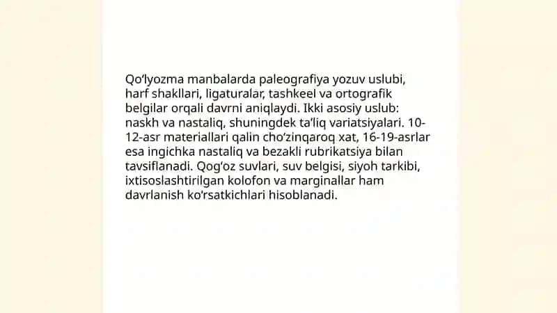 Eski oʻzbek tili manbalari va ularning davrlanishi bilan bogʻliq masalalari 4