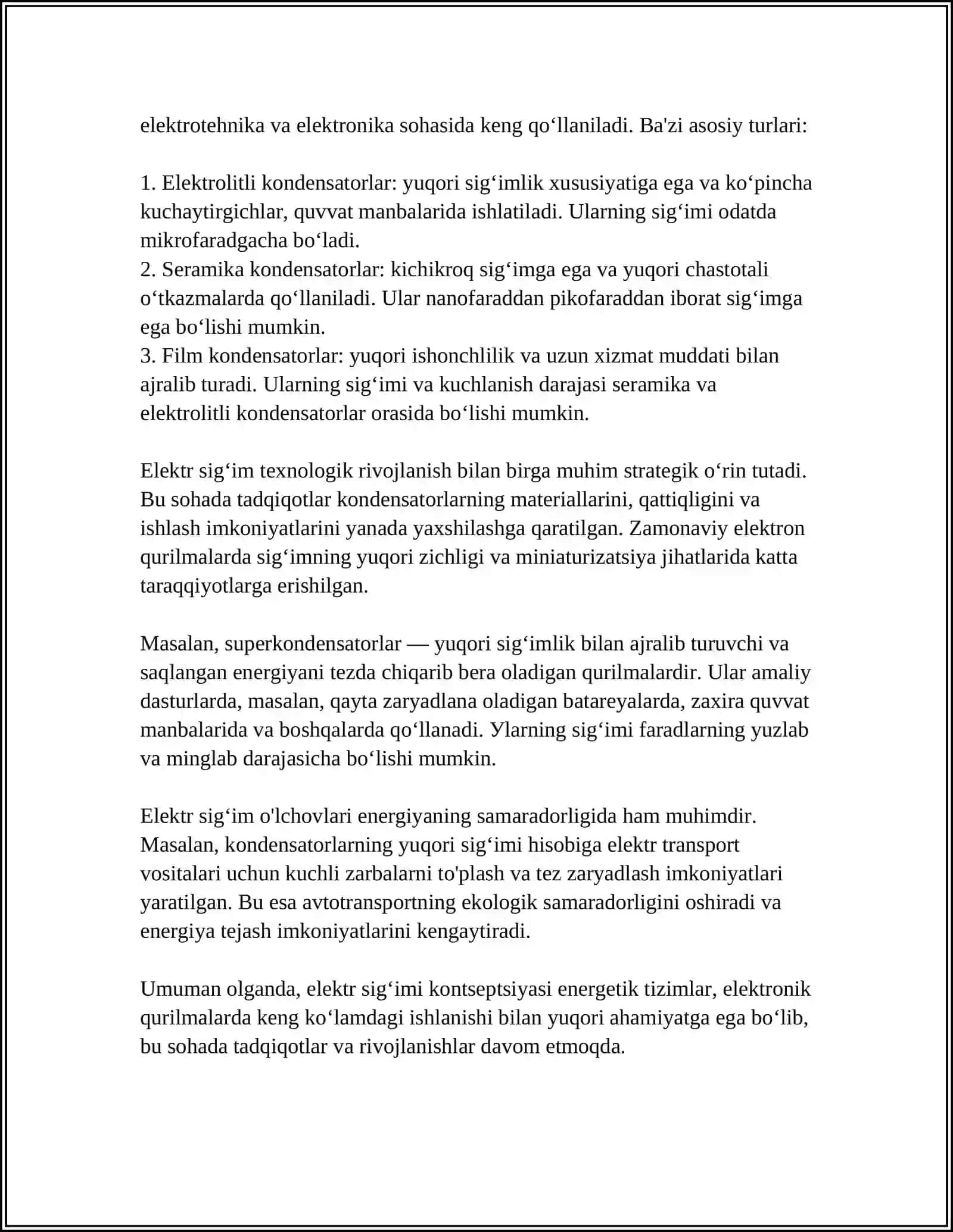 ELEKTR SIGʻIMI. ZARYADLANGAN OʻTKAZGICH VA KONDENSATORNING XUSUSIY ENERGIYASI 4