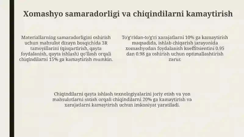 Yetakchi tarmoq va sohalarda mahsulot ishlab chiqarish va xarajatlarni kamaytirish yoʻllari 4