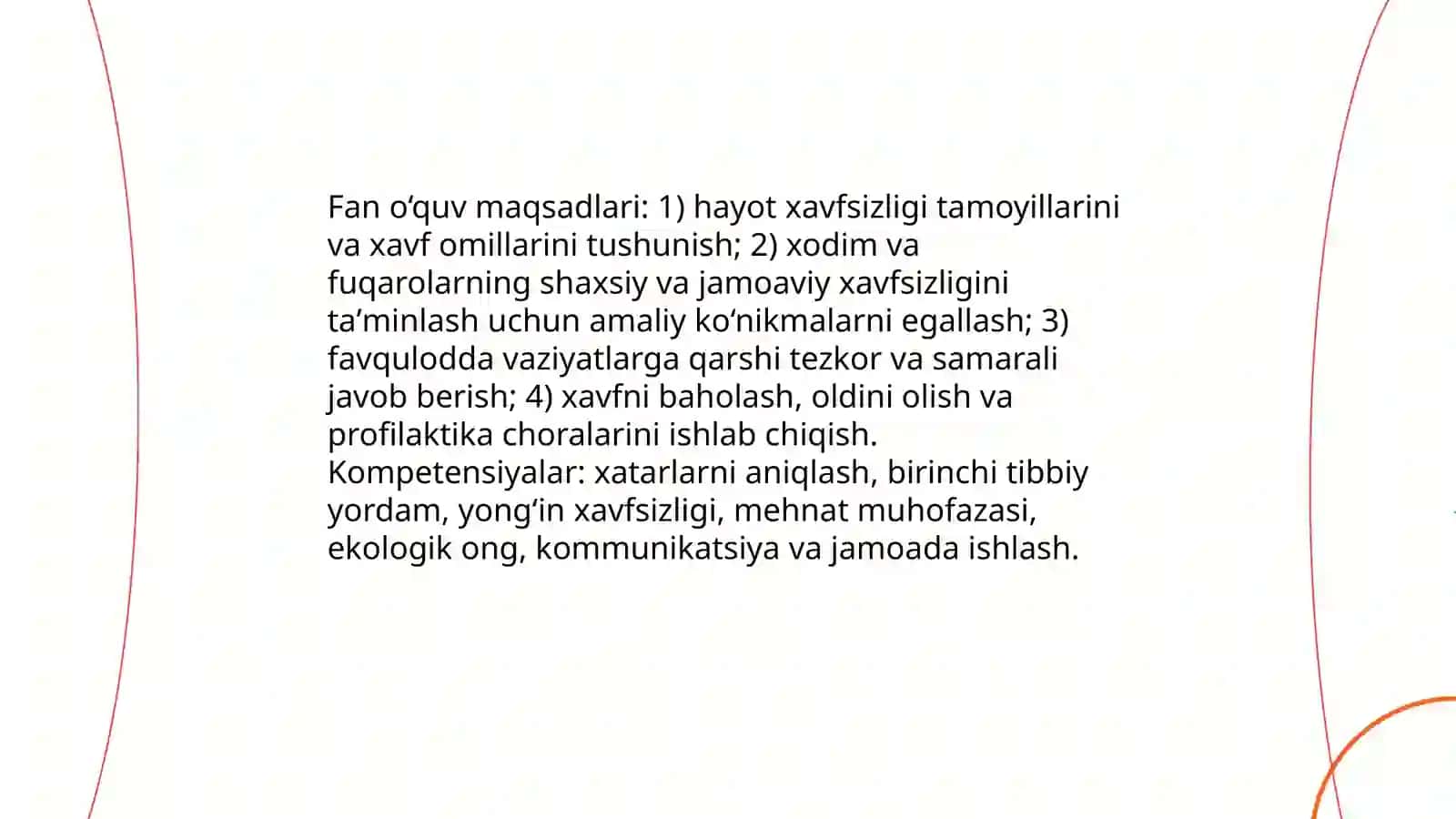 Hayot faoliyati xavfsizligi fani, uning o‘quv maqsadlari 4