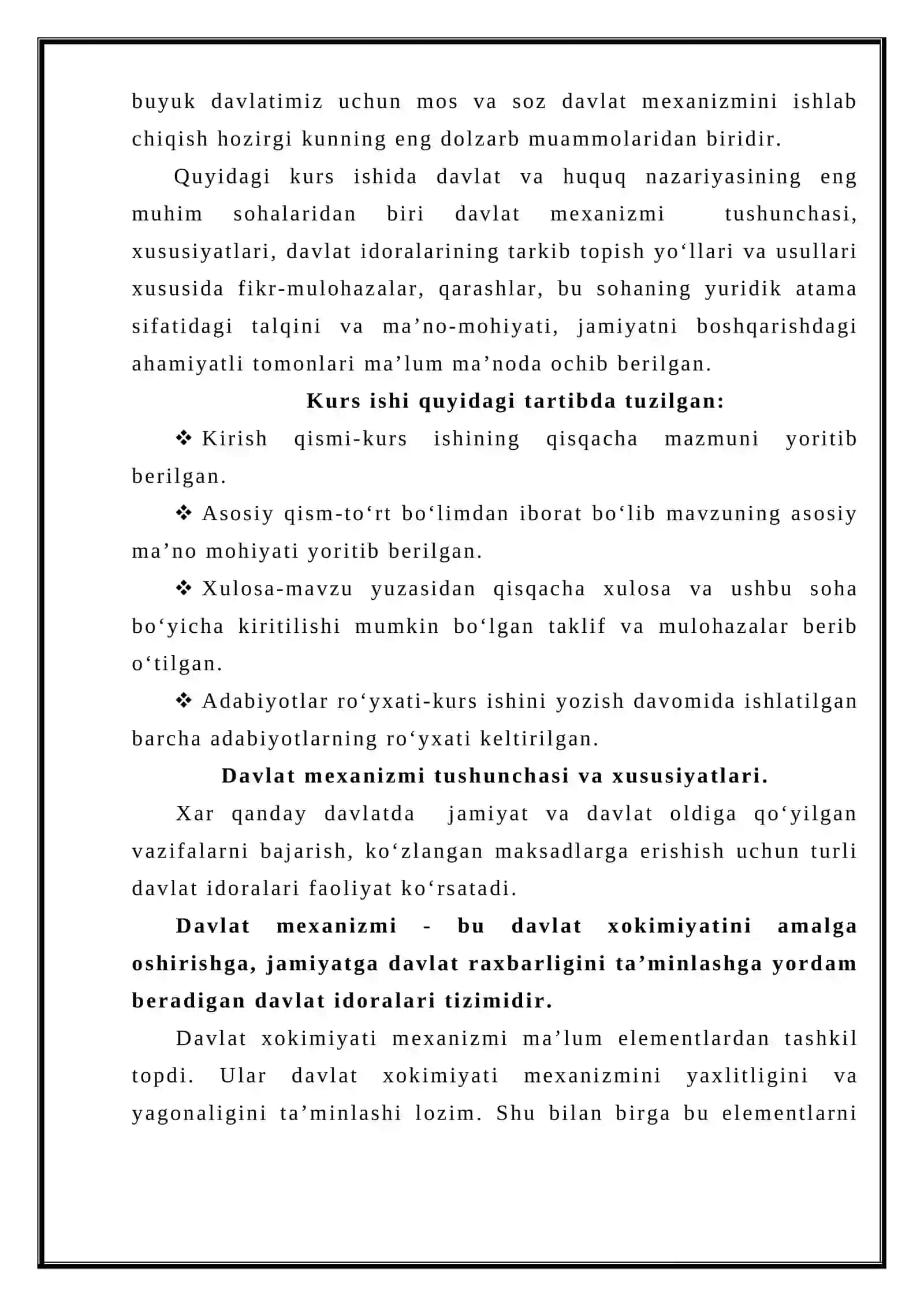 “DAVLAT MEXANIZMI TUSHUNCHASI VA XUSUSIYATLARI” MAVZUSIDAGI KURS ISHI 4