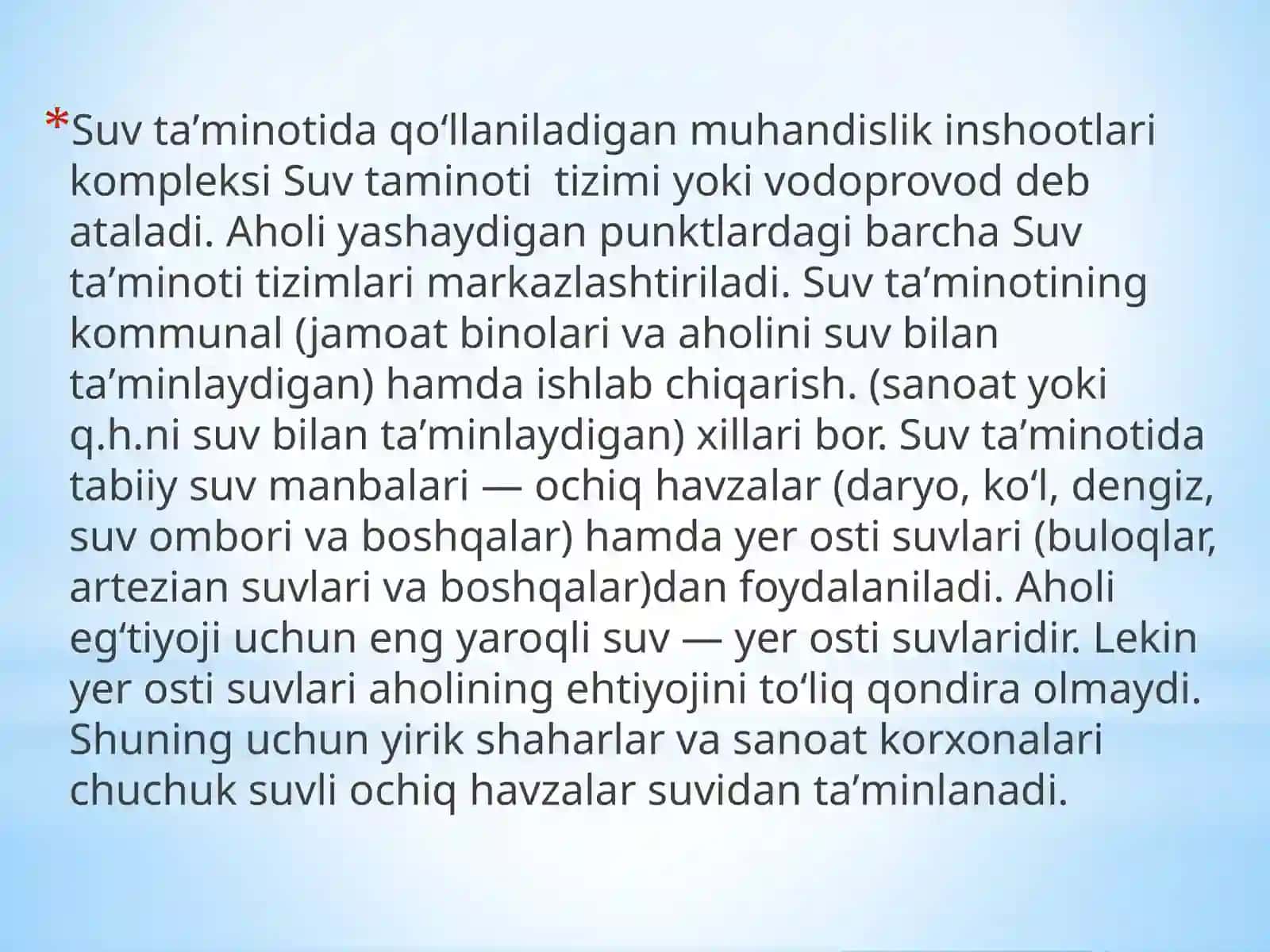 MAHALLIY VA MARKAZLASHGAN SUV TAMINOTI HAQIDA TUSHUNCHA VA ULARNING GIGIYENIK AHAMIYATI 4