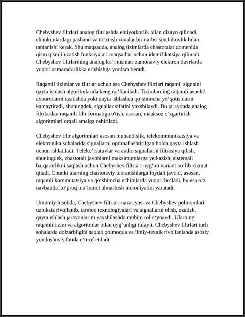 CHEBYSHEV FILTR ALGORITMLARI VA QO‘LLANISH SOHASI 4