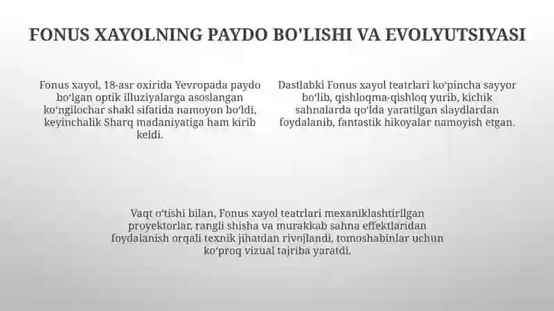Chodir xayol VA Fonus xayol teatrlari tarixi tóģrisida 4