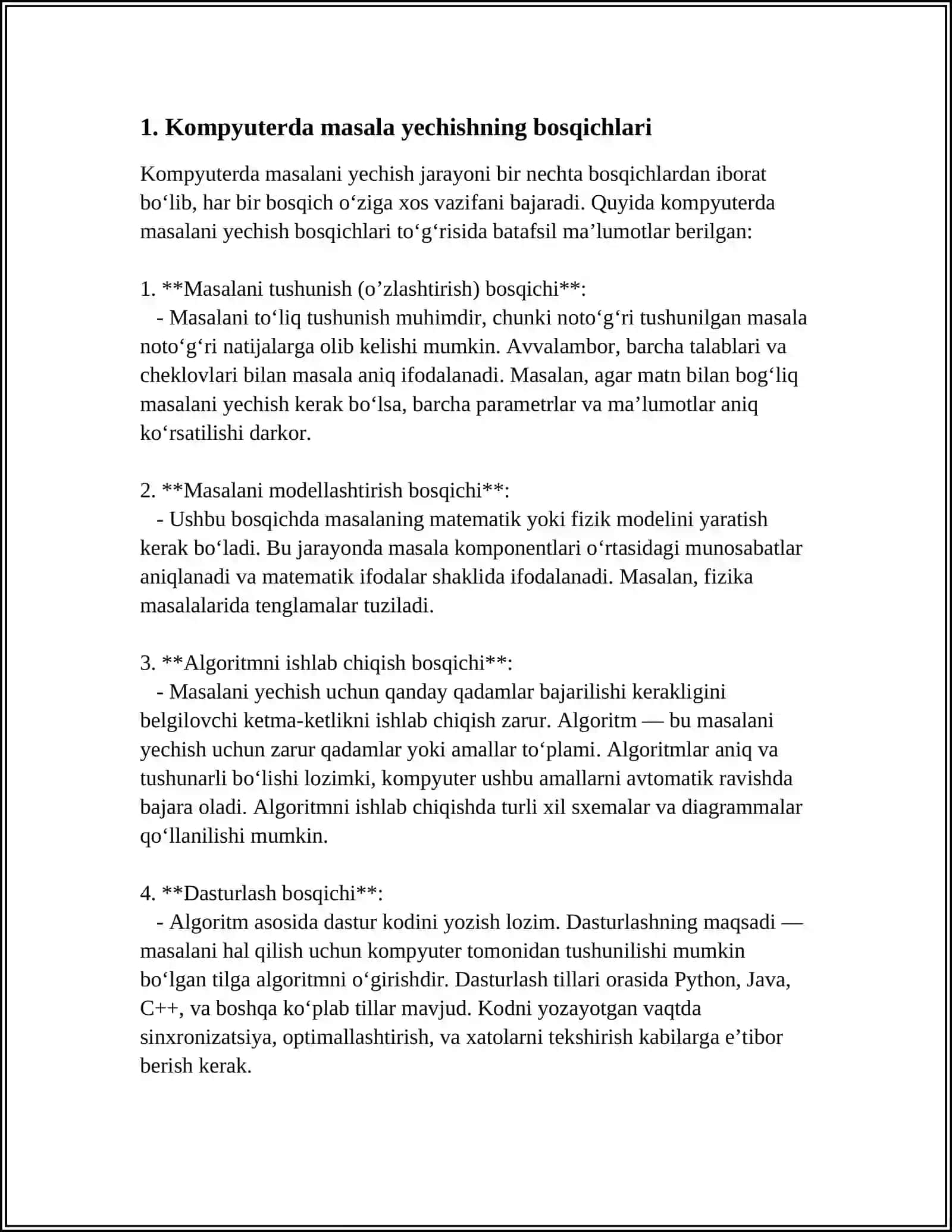 KOMPYUTERDA MASALA YECHISHNING ASOSIY BOSQICHLARI. ALGORITMLASH VA TIBBIYOTDA MASSALARNI YECHIB OBEKTGA QARATILGAN DASTURLASH 4