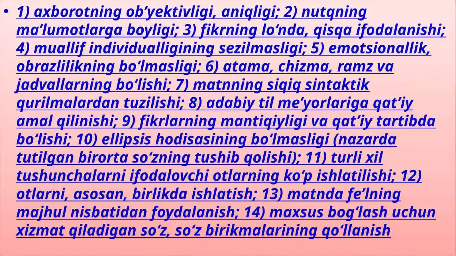 Ilmiy va rasmiy uslub xususiyatlari, ko’rinishlari 4