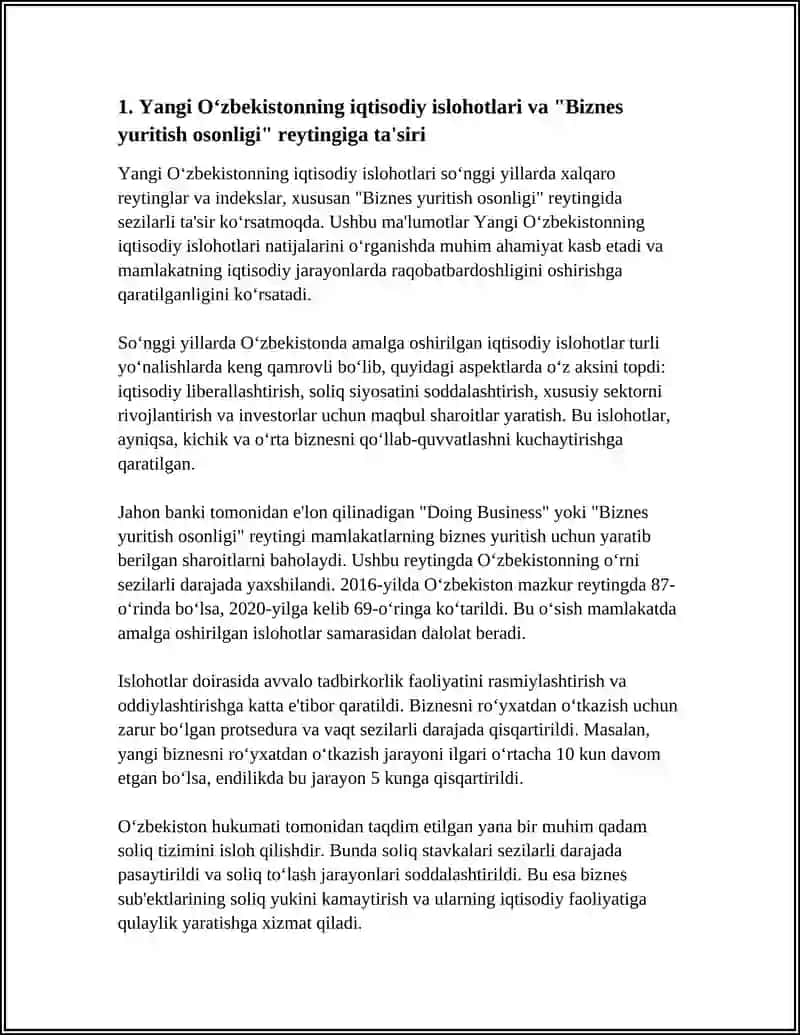 Yangi O‘zbekistonning iqtisodiy islohotlari va "Biznes yuritish osonligi" reytingiga ta'siri 4