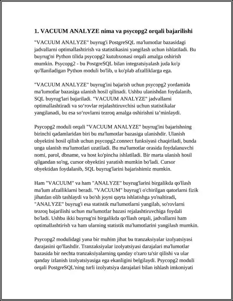 VACUUM ANALYZE BUYRUG'INI PYTHON/PSYCOPG2 ORQALI AMALGA OSHIRISH VA TRANZAKSIYA IZOLYATSIYASI DARAJASI (ISOLATION_LEVEL) 4