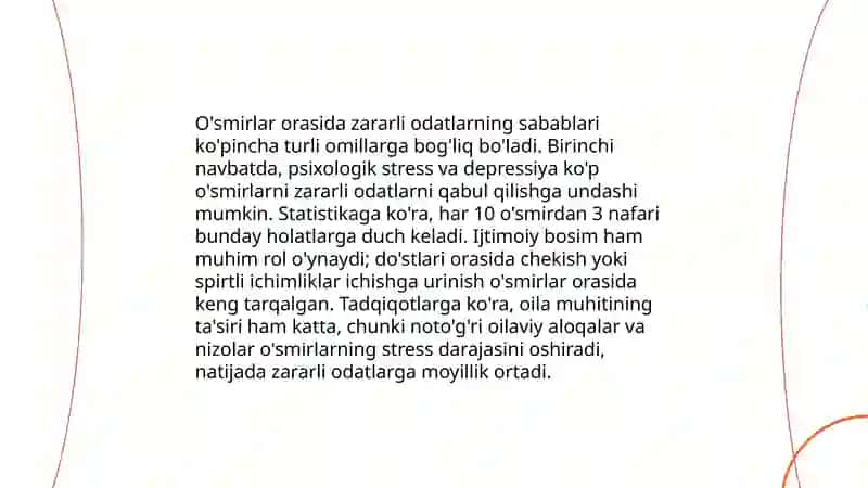 Zararli odatlari bor o'smirlar va ular bilan olib boriladigan ishlar 4
