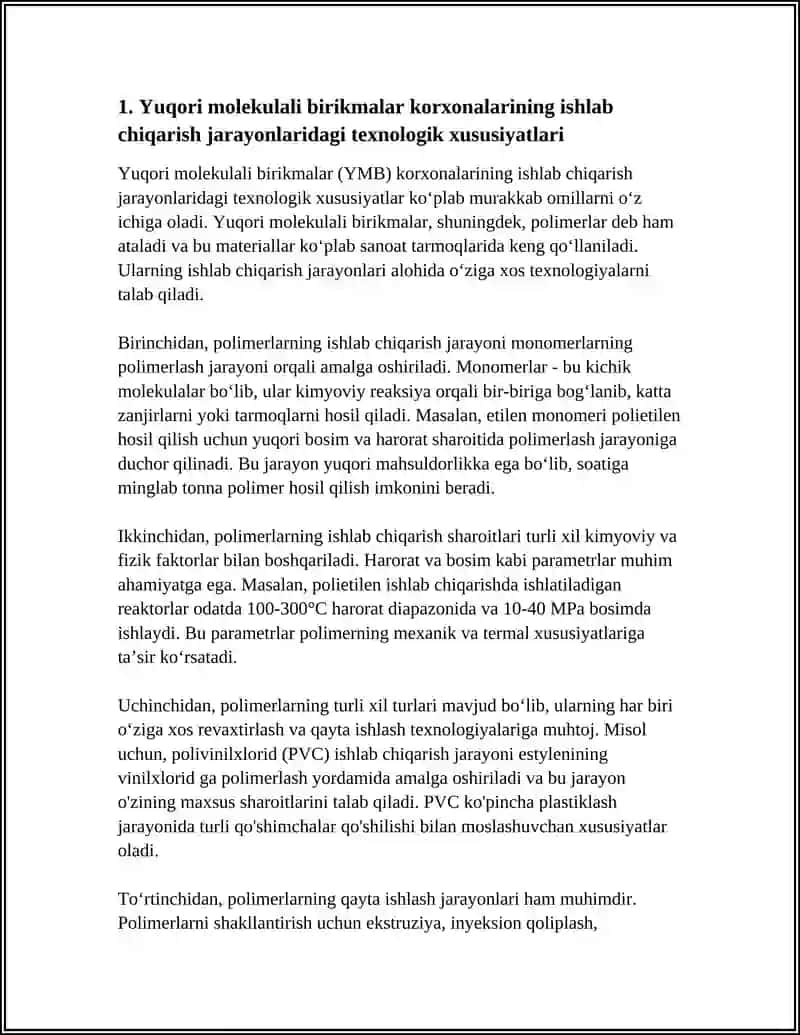 YUQORI MOLEKULALI BIRIKMALAR ISHLAB CHIQARUVCHI KORXONALARNING IQTISODIY O‘ZIGA XOSLIKLARI 4