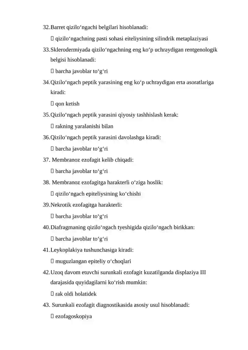 Gastroenterologiya mutaxassisligi boʻyicha shakllantirilgan test savollari roʻyxati 4