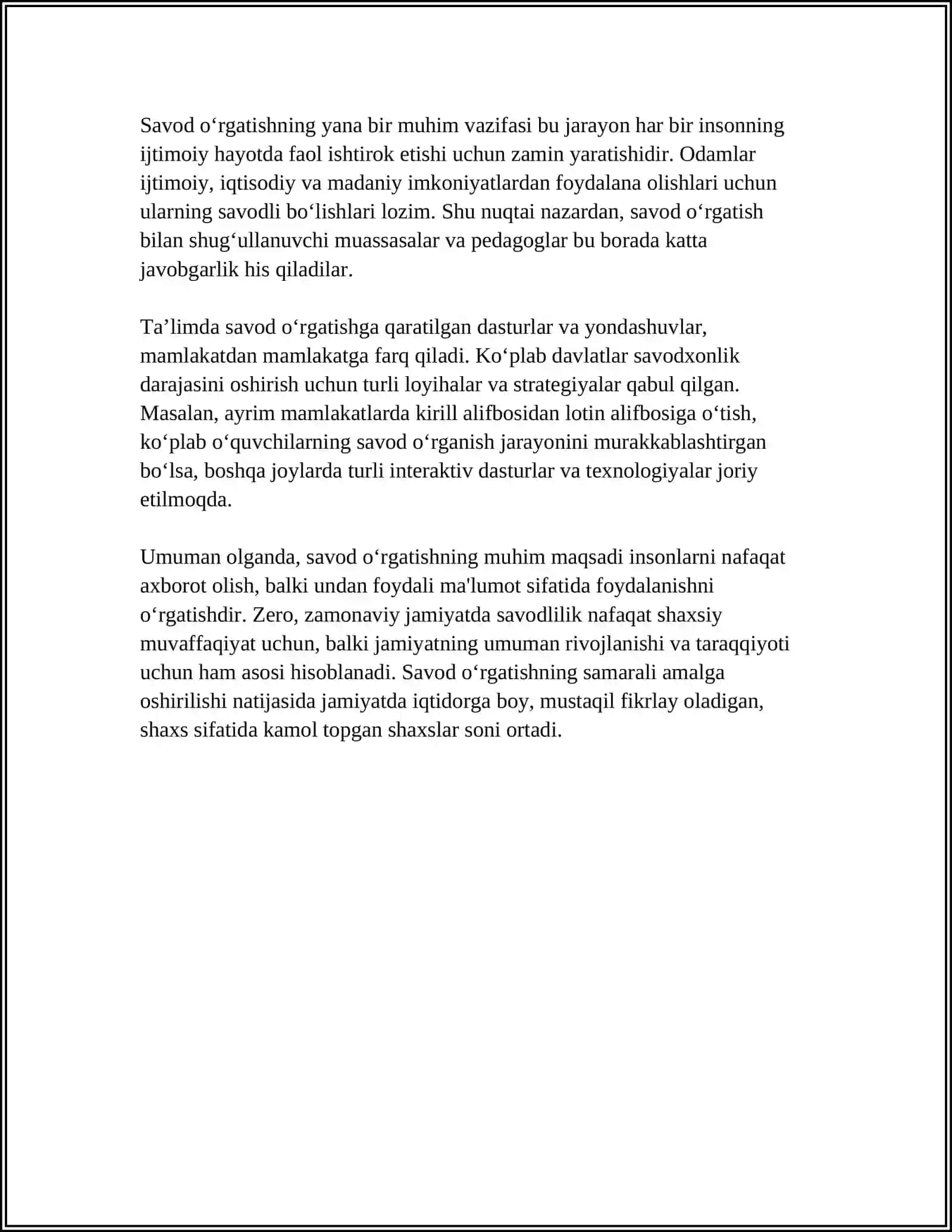 MUSTAQIL ISH Mavzu: SAVOD O'RGATISHDA TAYYORLOV DAVRI, BU BOSQICHDAGI O'QISH VA YOZUV DARSLARINING MAVZULARI HAMDA ISH TURLARI 4