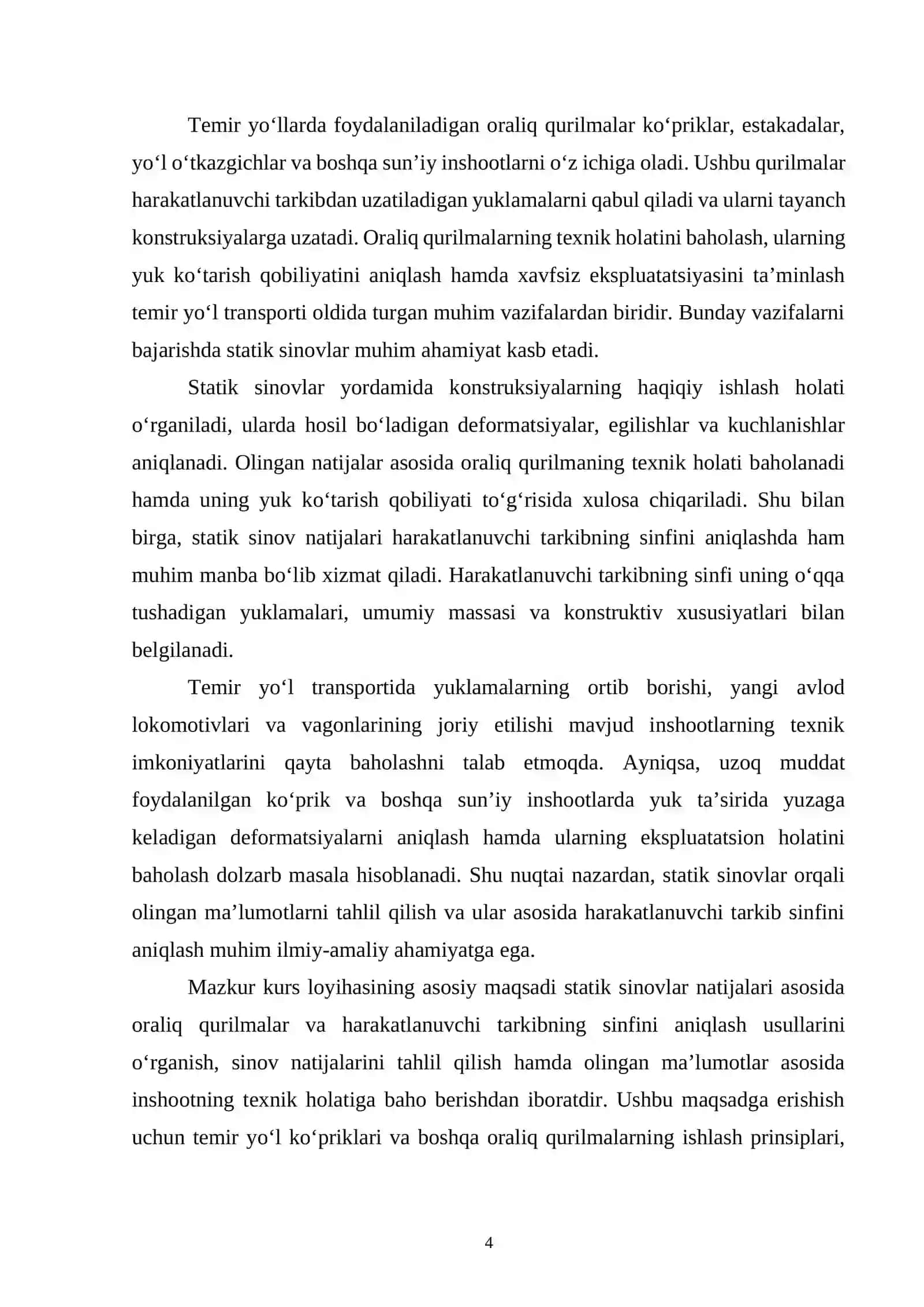 KURS LOYIHASI "Oraliq qurilmalar va harakatlanuvchi tarkibning sinfini aniqlash (statik sinovlar natijalariga ko'ra)" 4