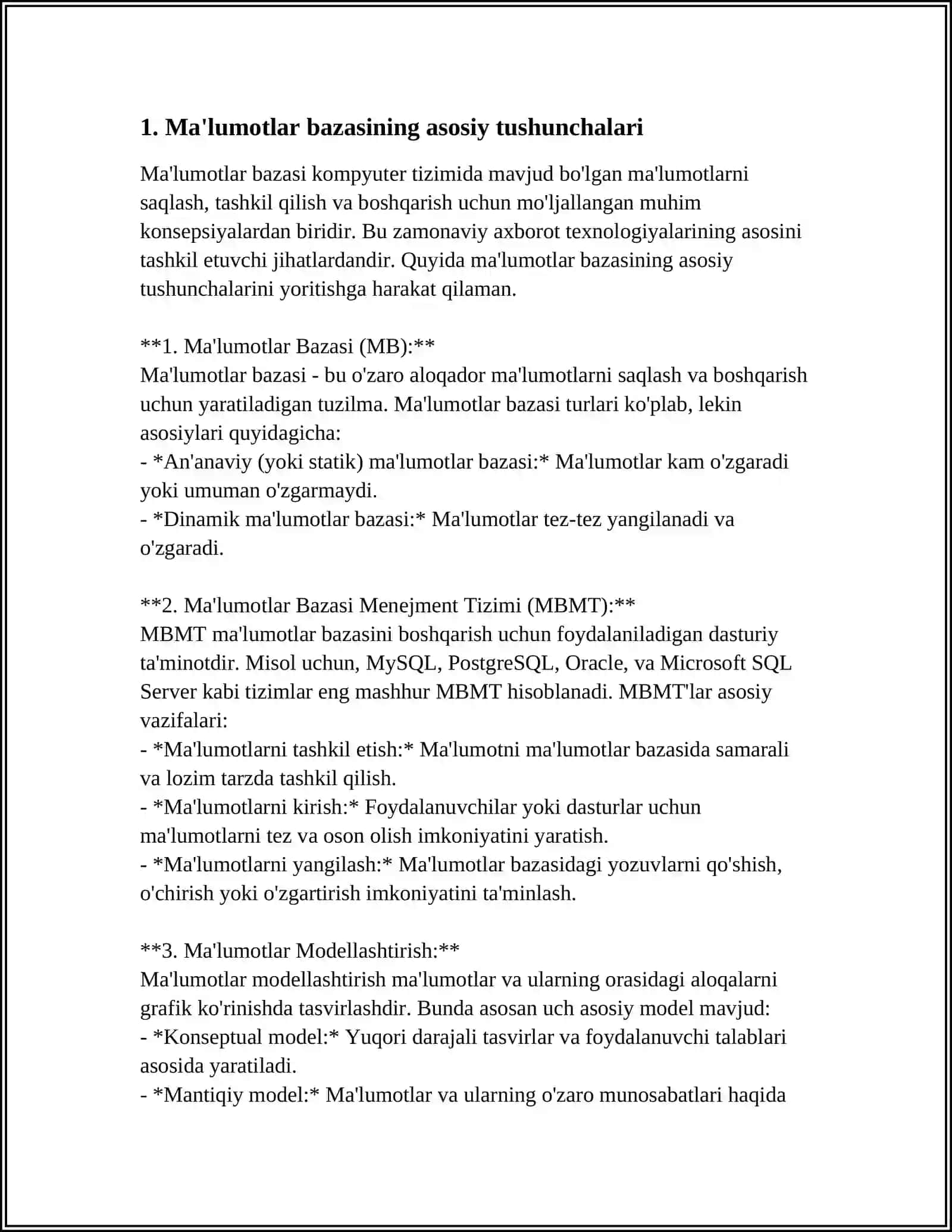 MA'LUMOTLAR BAZASI. MA'LUMOTLAR BAZASINI BOSHQARISH TIZIMLARI. ACCESS DASTURIDA MA'LUMOTLAR BAZASINI HOSIL QILISH QO‘SHIMCHA IMKONIYATLARI HAQIDA 4
