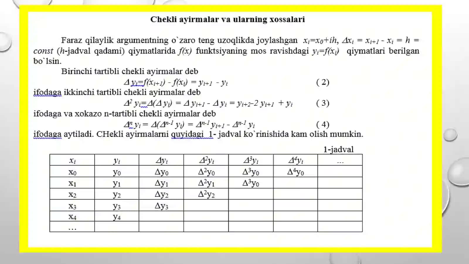 Funksiyalarni interpolyasiyalashning umumiy masalasi. Chekli ayirmalar 4