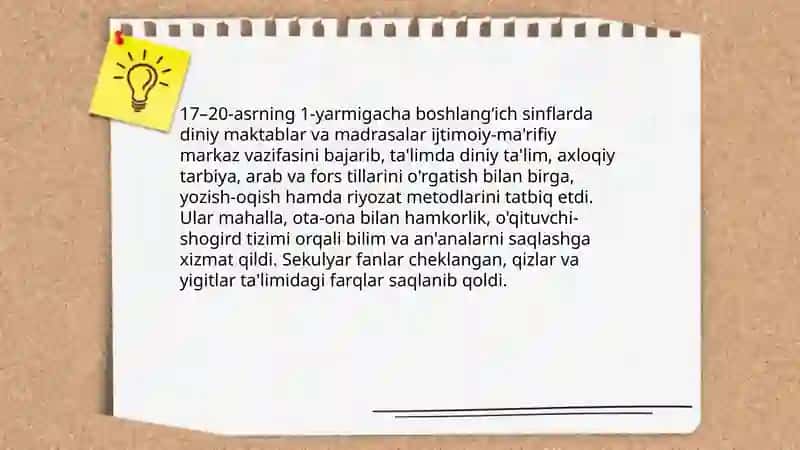 17-asrdan 20-asrning 1-yarmigacha boʻshlangʻich sinflarda ta’lim tarbiya 4