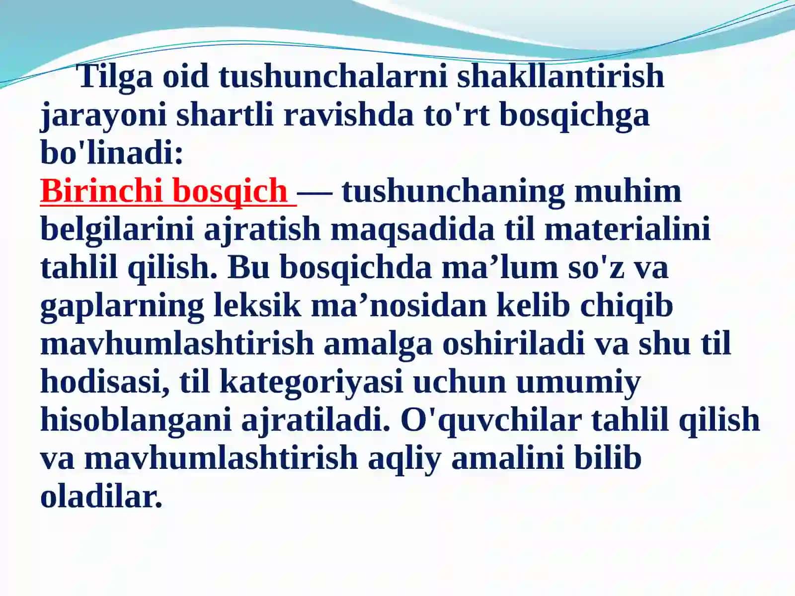 So`z turkumlarini o`qitish metodikasi. Otni o`rganish izchilligi. Otning leksik va grammatik ma’nosi ustida ishlash. Otlarda son haqida tushunchani o`rganish metodikasi 4