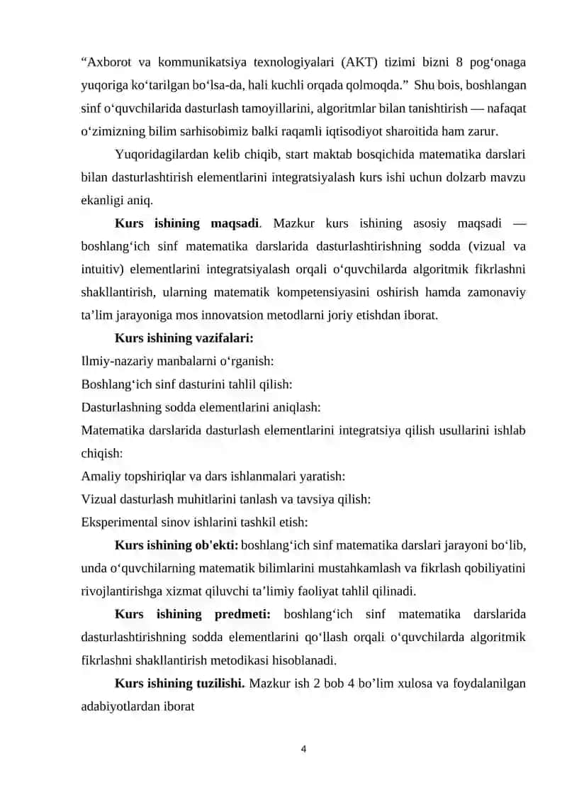 Boshlanğich sinf matematika darslarida dasturlashtirishning sodda elementlarini kiriting. 4