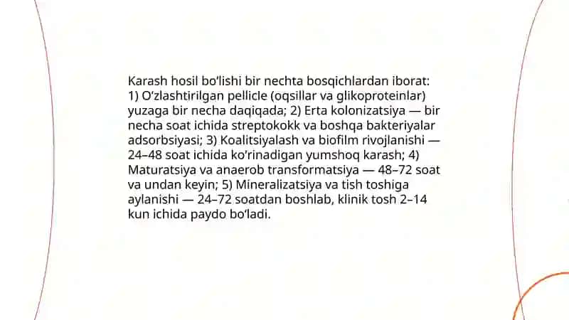 Tishlar yuzasida hosil boʻladigan yumshoq karashlar va tish toshlari.Ularning karies va paradont kasalliklarini keltirib chiqarishdagi ahamiyati 4