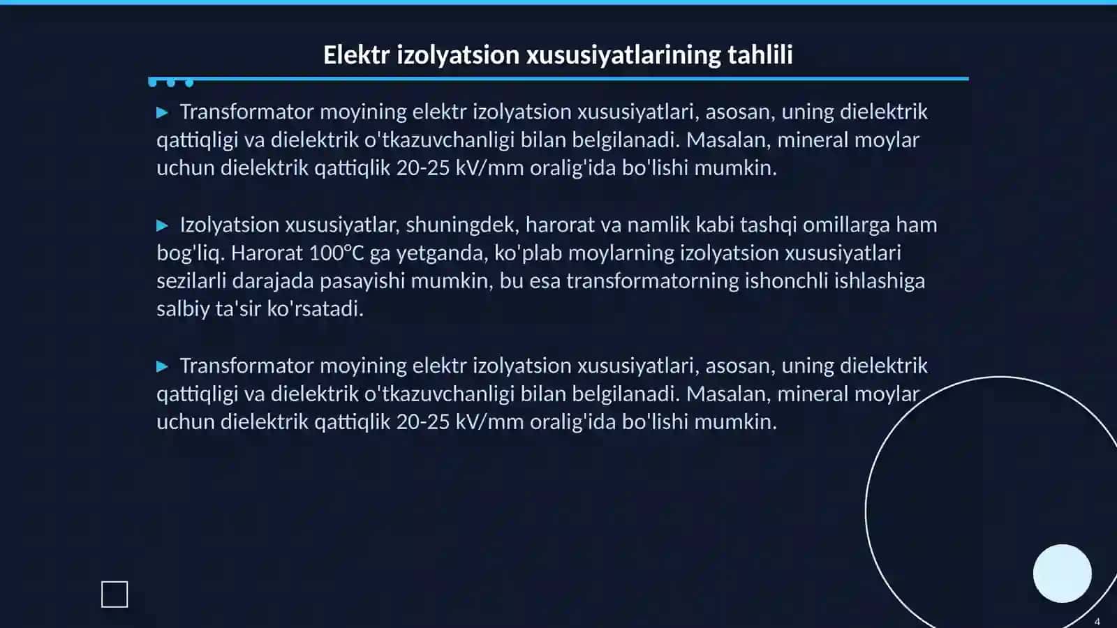 Transformator moyining elektr izolyatsion xususiyatlari va nazorat usullari 4