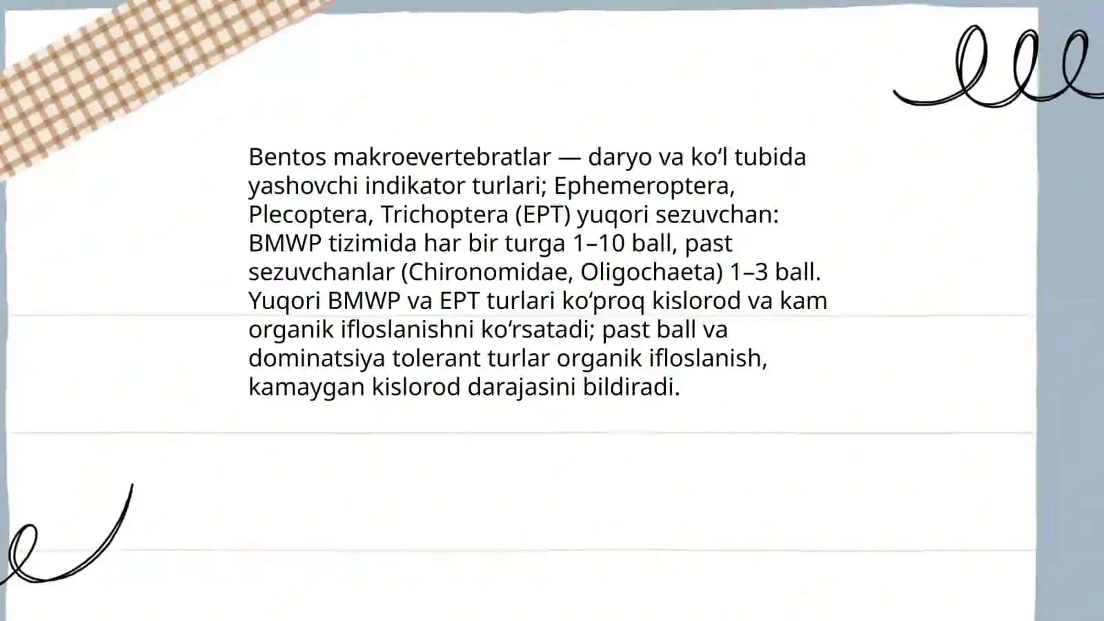 Suvoʻtlar asosida suv havzasining ekologik holatini baholash (BMWP indeksi) 4