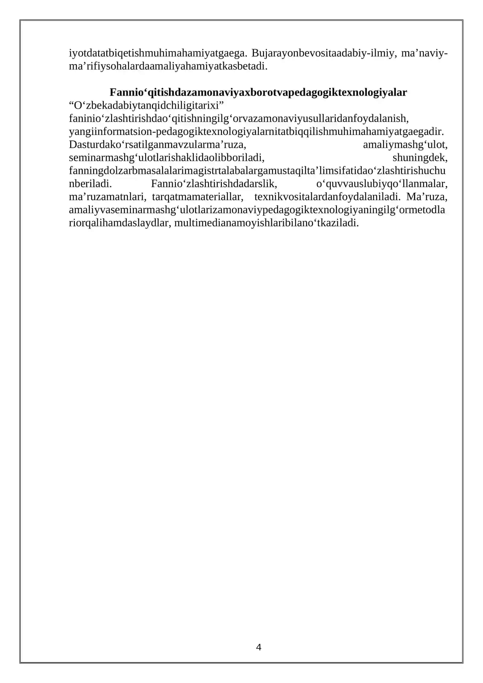 “Adabiy tanqid fan sifatida, uning ijtimoiy-estetik mohiyati, maqsadi va vazifalari” modulini o‘qitishda grafik organayzerlardan foydalanish” Ushbu bitiruv malakaviy ishi "Adabiy tanqid fan sifatida, uning ijtimoiy-estetik mohiyati, maqsadi va vazifalari" modulini o'qitishda grafik organayzerlardan foydalanish masalalarini o'rganadi 4