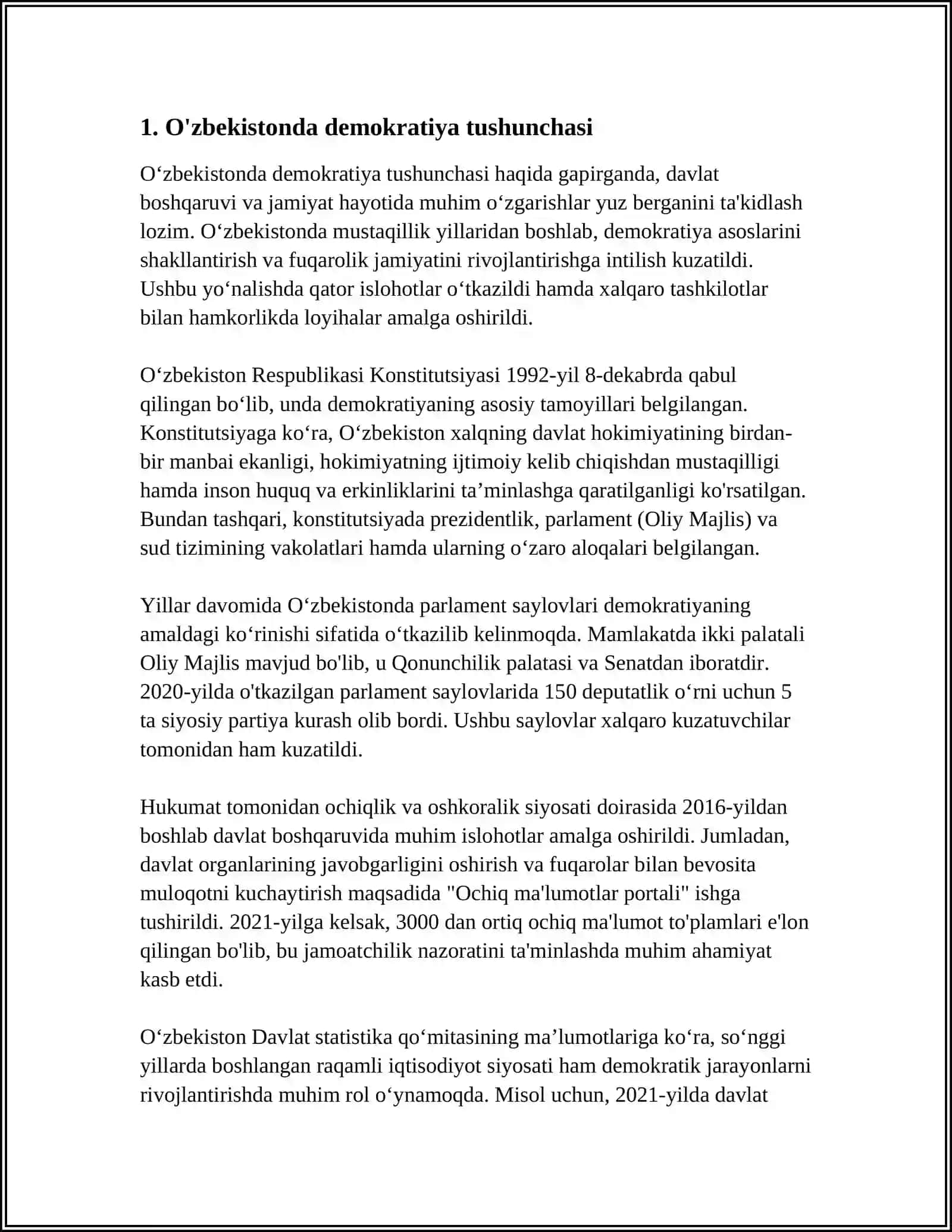 O`zbekistonda demokratik, fuqarolik jamiyati asoslarining shakkillanishi, amalga oshirilgan siyosiy jarayonlar 4