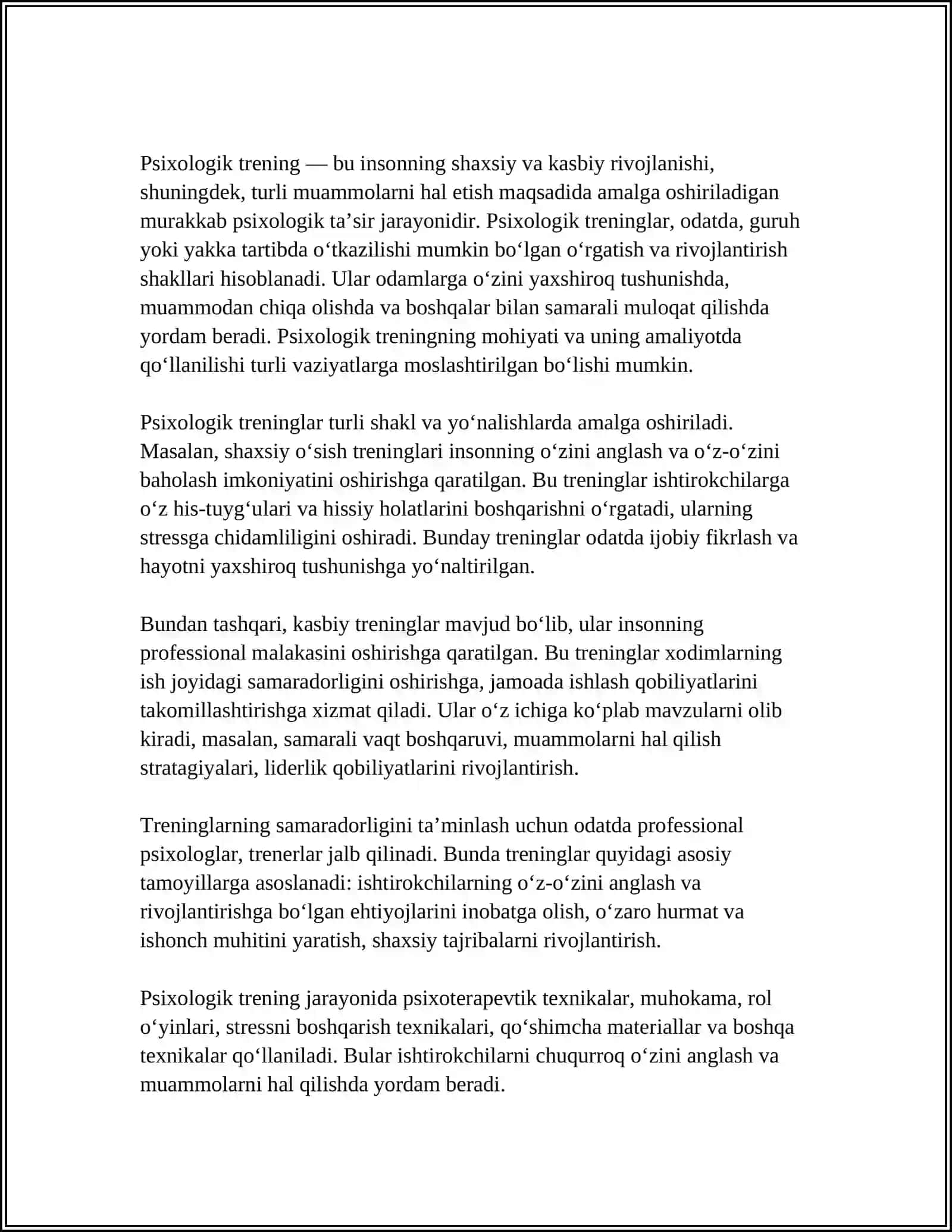 PSIXOLOGIK TRENINGNING MAQSAD VA VAZIFALARI;SOTSIAL-PSIXOLOGIK TRENINGLARNI RIVOJLANISH TARIXI 4