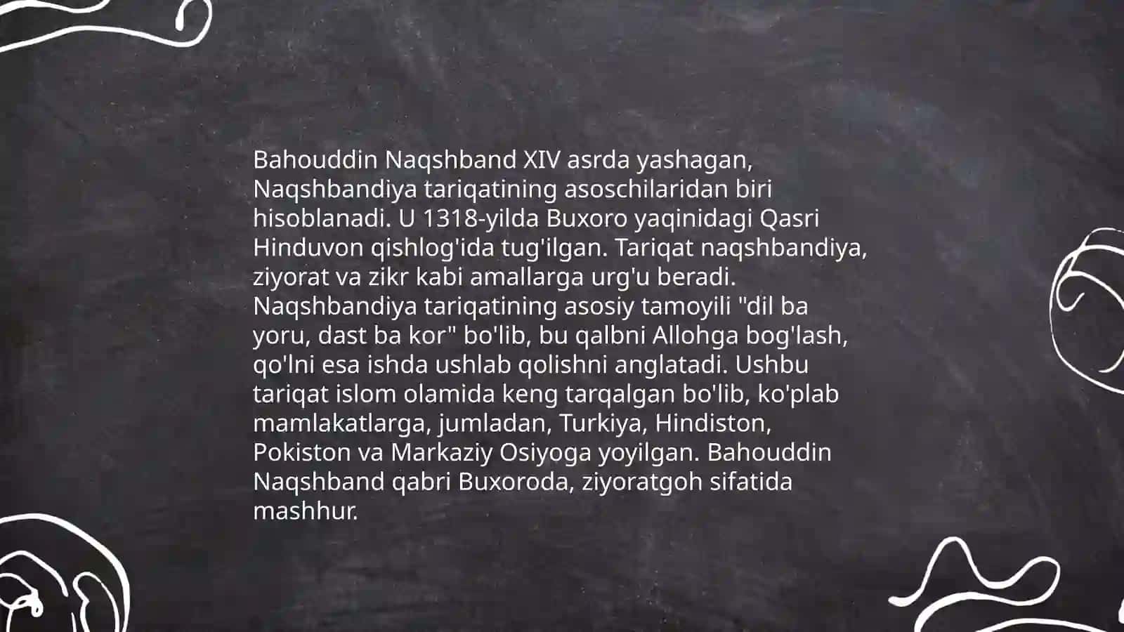 Tasavvuf falsafasi (Abduxoliq Gʻijduvoniy, Bahouddin Naqshband, Mustamliy Buxoriy, Kalobodiy Buxoriy, Najmiddin Kubro, Hakim Termiziy, Ahmad Yassaviy va boshqa koʻplab mutasavviflar) 4