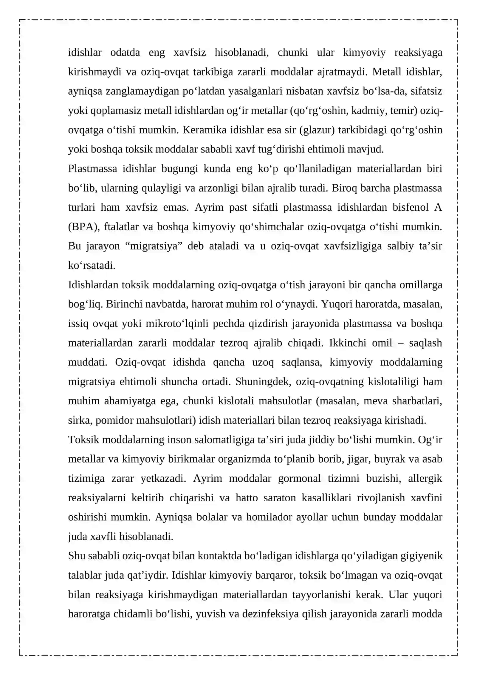Oziq- ovqat mahsulotlari bilan kontaktda bo’ladigan idishlarning toksik ta’sirini o’rganish 4