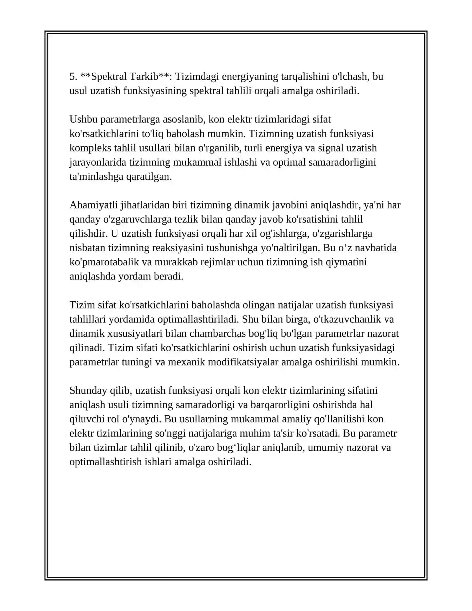 KON ISHLARINI ELEKTRLASHTIRISHDA: UZATISH FUNKSYASI PARAMETRLARIGA KO'RA TIZIM SIFATI KO'RSARTKICHLARINI BAXOLASH 4