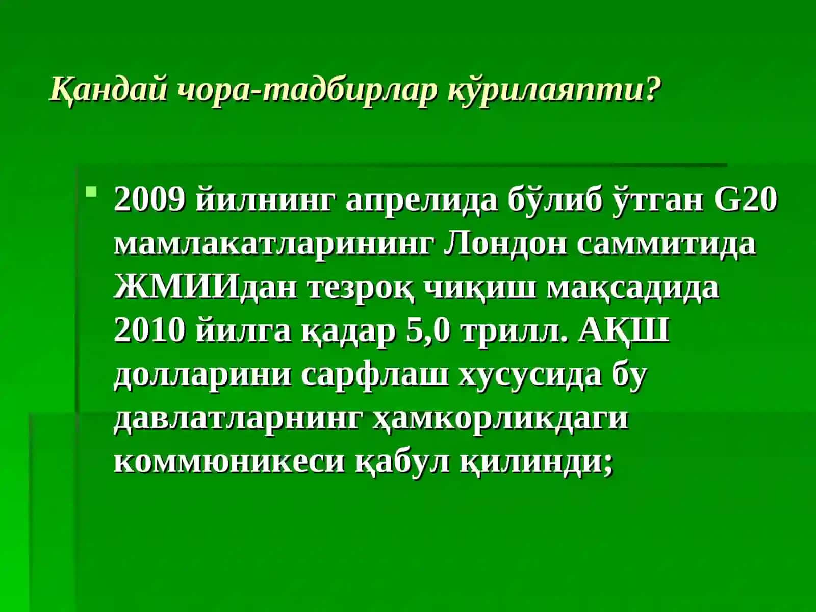 Жаҳонмолиявий-иқтисодий инқирозидан чиқиш борасидагичора-тадбирлар(ривожланган мамлакатлар) 4