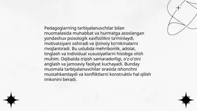 Pedagoglarning tarbiyalanuvchilar bilan muomalasining mohiyati 4