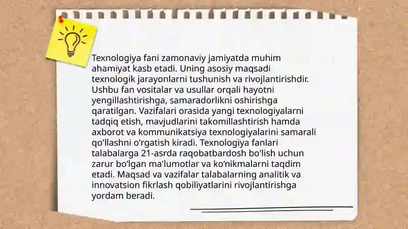 Texnologiya fanining maktab o’quv rejadagi o’rni 4