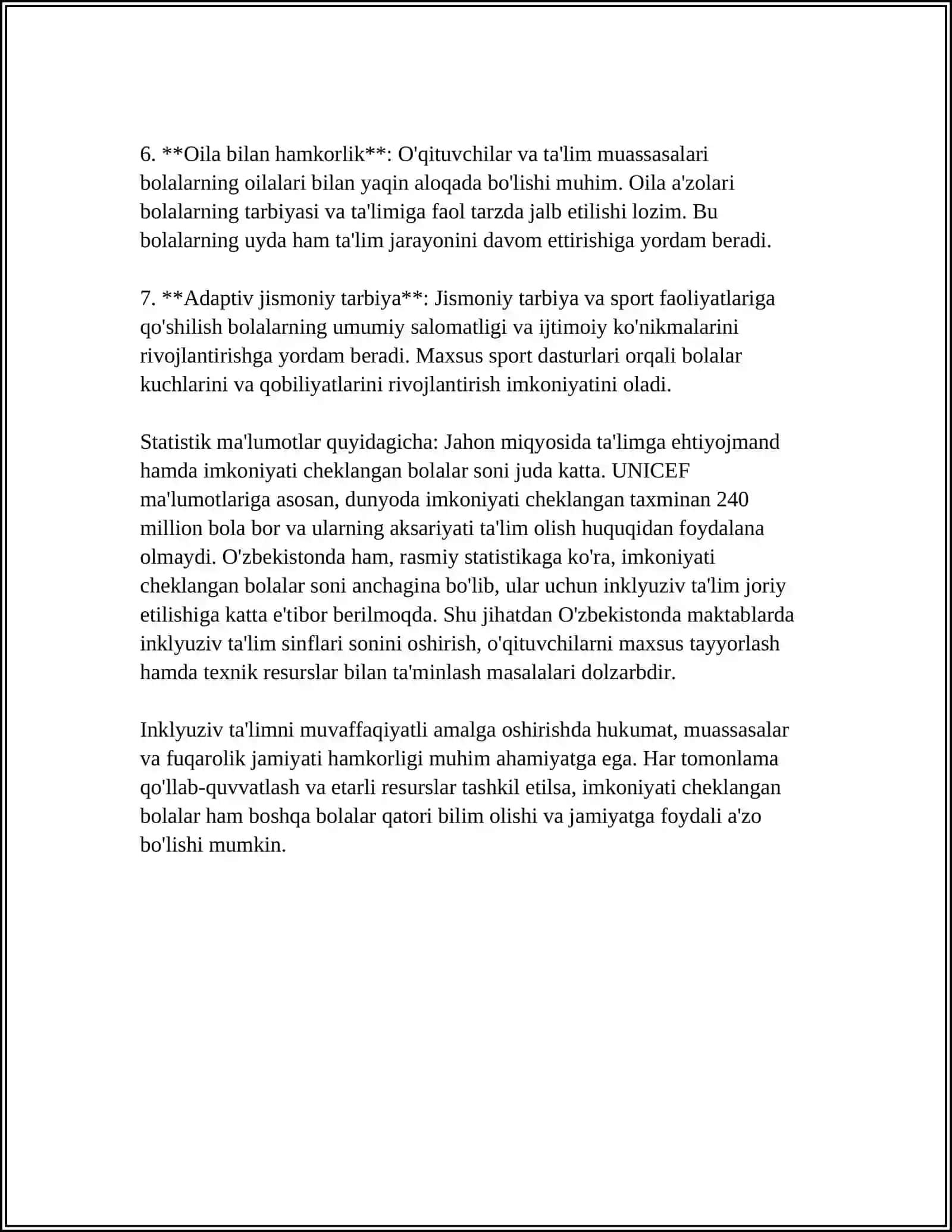 MUSTAQIL ISH Mavzu: INKLYUZIV TAʼLIM SHAROITIDA IMKONIYATI CHEKLANGAN BOLALARGA INKLYUZIV TAʼLIM TIZIMIDA KAREKSION-PEDAGOGIK ISHLAR 4