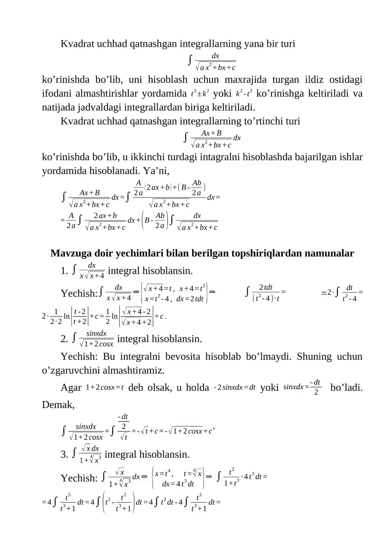 Aniq integralni o'zgaruvchilarni almashtirish va bo'laklab integrallash 4