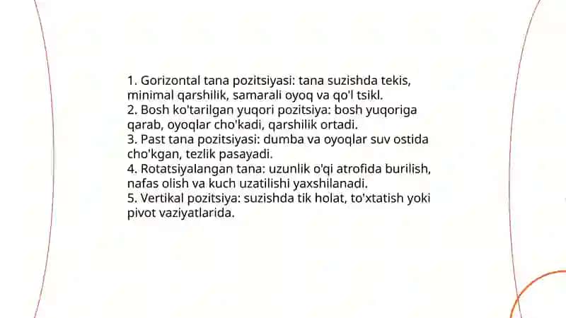 Ko'krakda krol usulida suzish texnikasi tasnifi 4